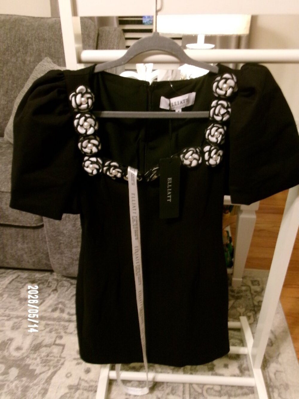 NWT Elliatt Black MARINA Short Sleeve Mini Dress Floral-Trim Square Neckline Med